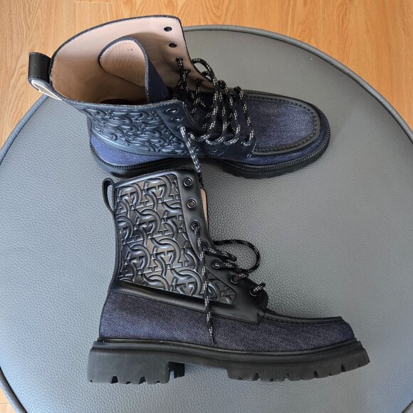 Salvatore Ferragamo Gancini-Embossed Calf Leather and Denim Lace-Up Combat Boots - Picture 10 of 10